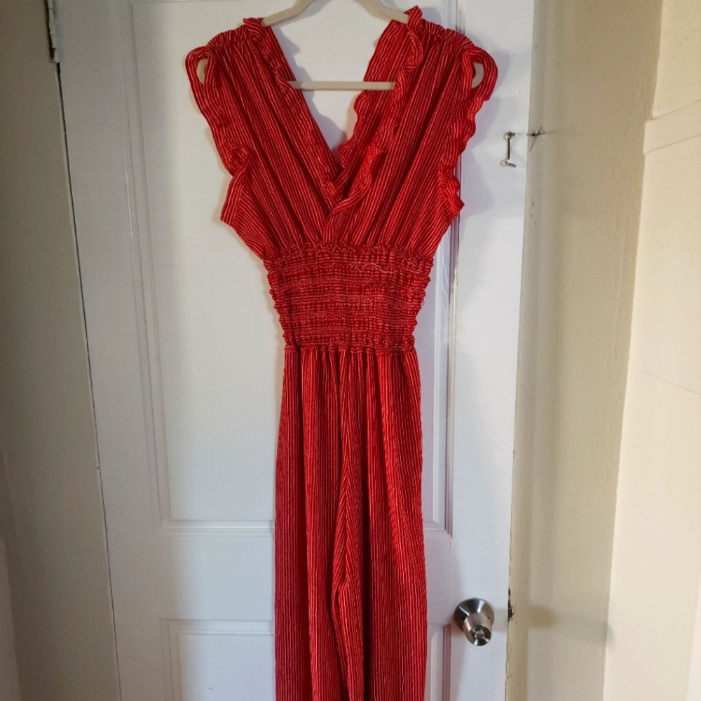 Max studio V-neck jumpsuit, red/cream with stripe dash design, size Medium